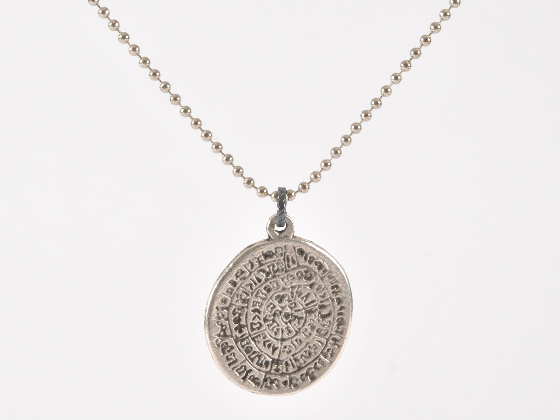 Finished Jewelry-Simple-Phaistos Disc Antique Silver Pendant Ball Chain Necklace-24 Inches Tamara Scott Designs