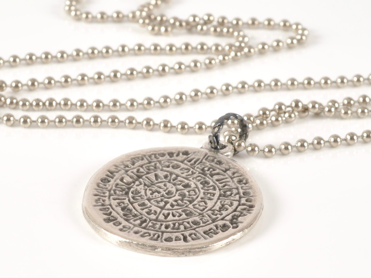 Finished Jewelry-Simple-Phaistos Disc Antique Silver Pendant Ball Chain Necklace-24 Inches Tamara Scott Designs