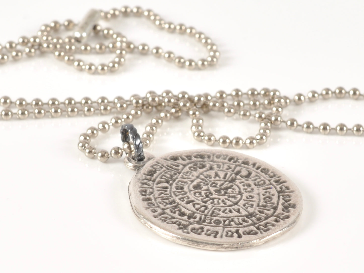 Finished Jewelry-Simple-Phaistos Disc Antique Silver Pendant Ball Chain Necklace-24 Inches Tamara Scott Designs