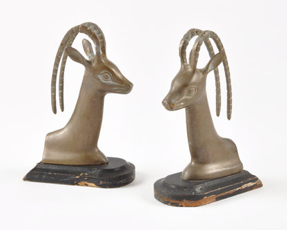 Pair of Vintage Brass Gazelle Antelope Head Book Ends with Curved Antlers-Black Wood Base-Quantity 1 Pair Tamara Scott Designs