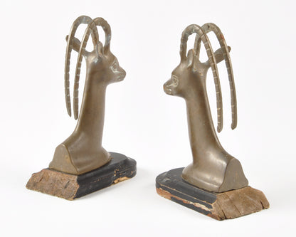 Pair of Vintage Brass Gazelle Antelope Head Book Ends with Curved Antlers-Black Wood Base-Quantity 1 Pair Tamara Scott Designs