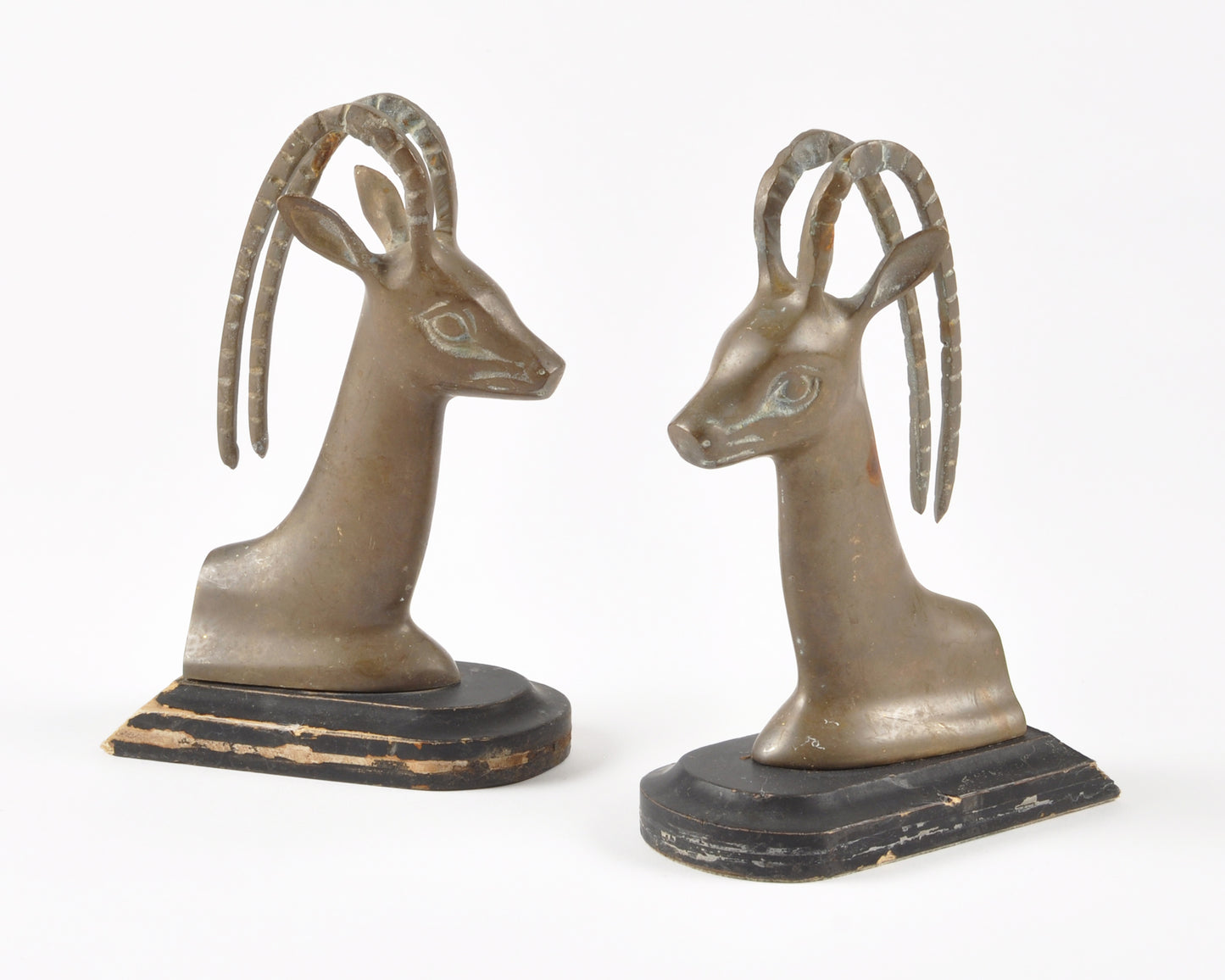 Pair of Vintage Brass Gazelle Antelope Head Book Ends with Curved Antlers-Black Wood Base-Quantity 1 Pair Tamara Scott Designs