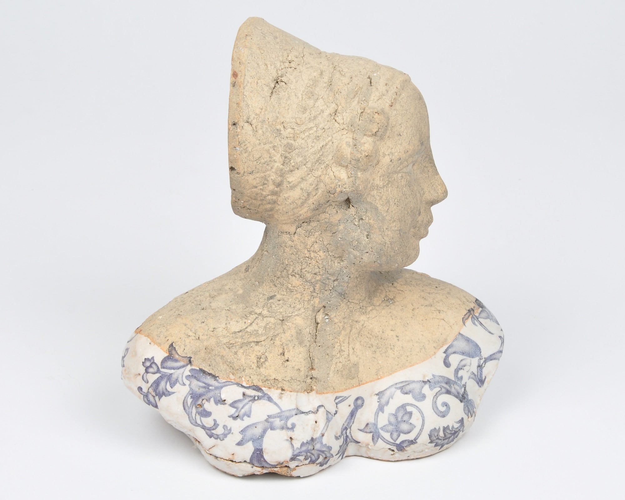 Vintage Blue & White Porcelain Cement Woman Bust Statue With
