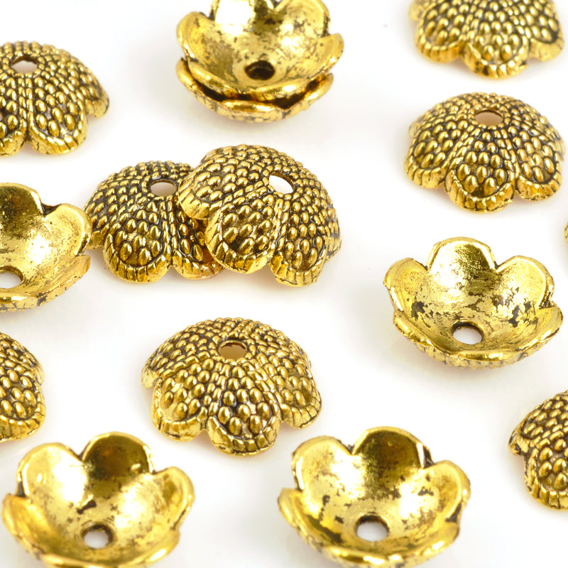 Pewter-13mm Textured Flower Cap-Antique Gold-Quantity 5