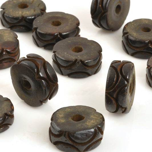 Carved-14mm Rondelle Bead-Brown with Rings-2mm Large Hole-Quantity 1