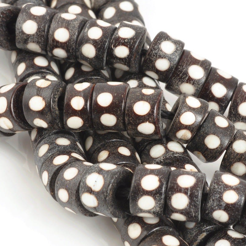 Carved-10mm Tube Bead-Brown With White Dots-Quantity 6