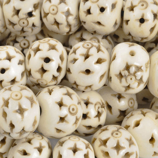 Carved-12mm Rondelle Bead With Star Design-Off White