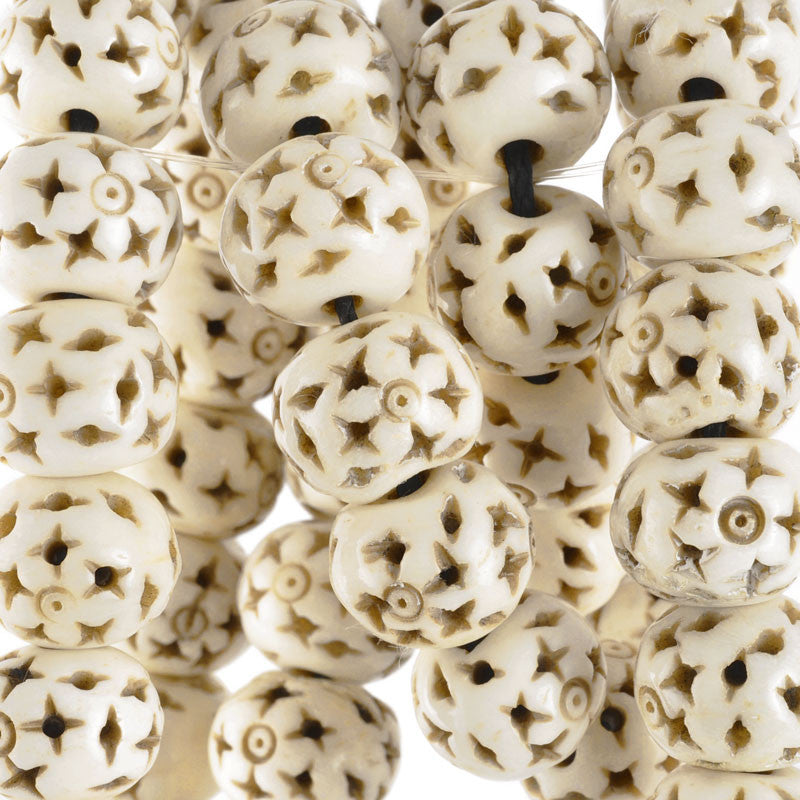 Carved-12mm Rondelle Bead With Star Design-Off White