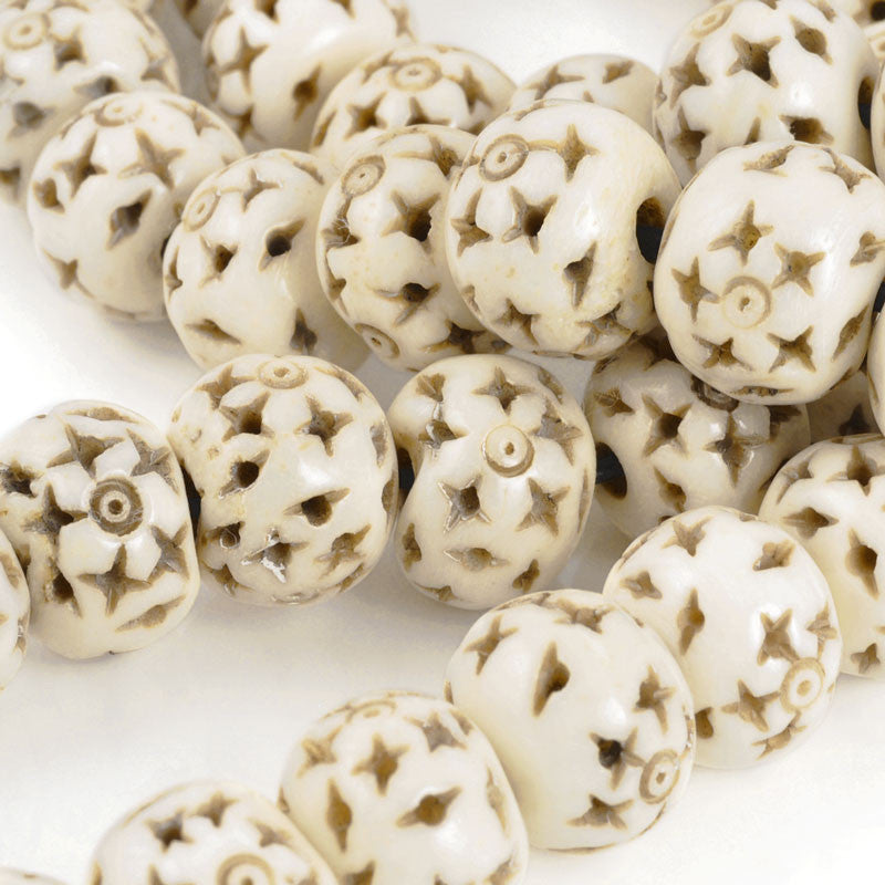 Carved-12mm Rondelle Bead With Star Design-Off White