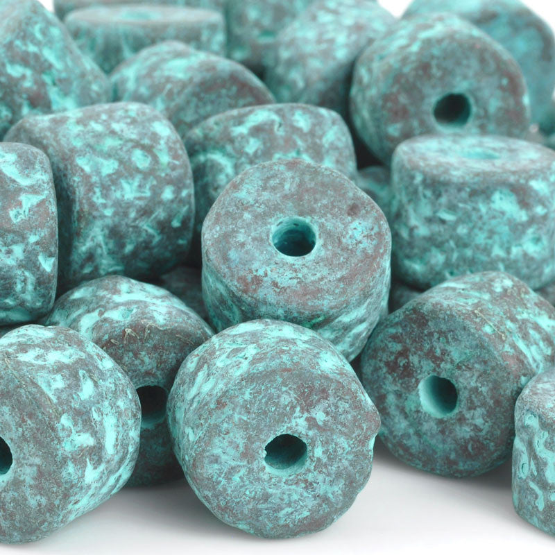 Ceramic Beads-10x13mm Coarse Round Tube-Green Patina