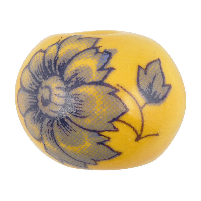 Ceramic Beads-16mm Round-Sun Yellow Floral Motif