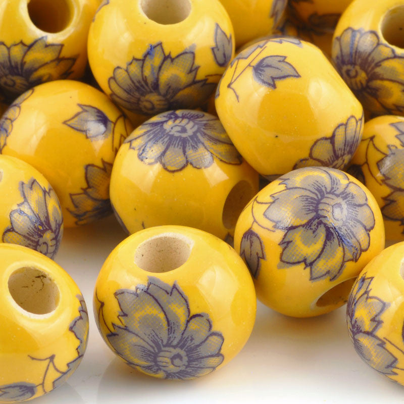 Ceramic Beads-16mm Round-Sun Yellow Floral Motif