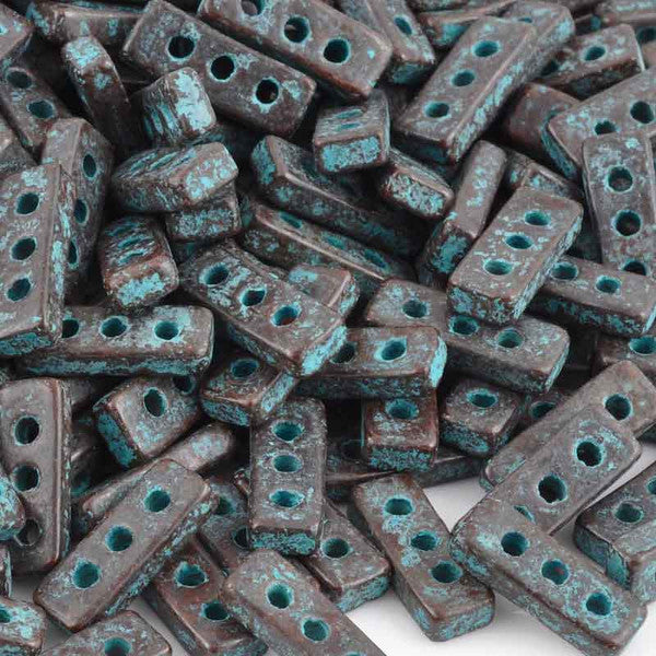 Ceramic Beads-18x7mm Three Hole Spacer-Green Patina