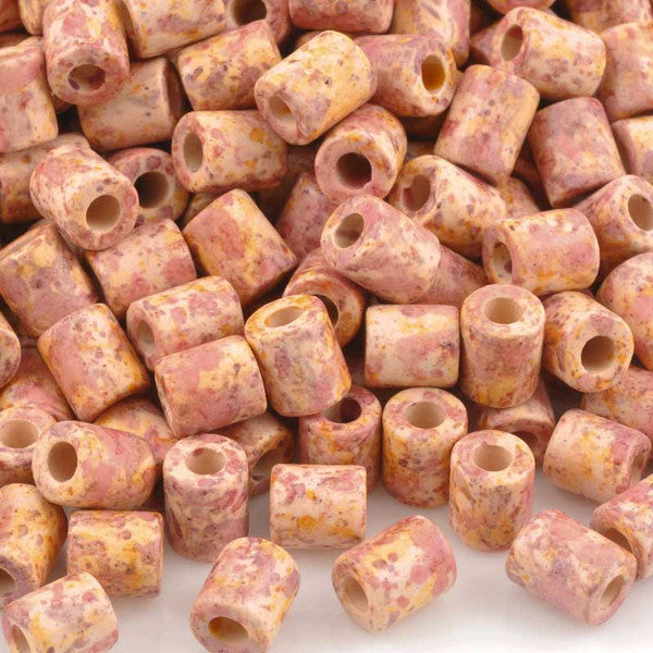 Ceramic Beads-6x5mm Tube-Pink Splash