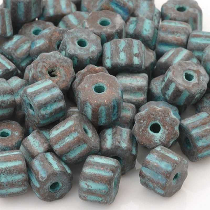 Ceramic Beads-6x9mm Ridged Tube-Green Patina-Quantity 10