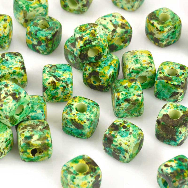 Ceramic Beads-7mm Cube-Medium Green Splash