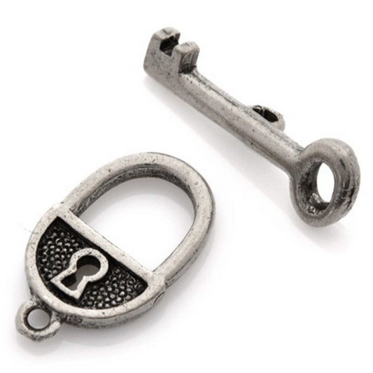 Clasp-12x21mm Padlock And Key Toggle Set-Antique Silver-Quantity 1