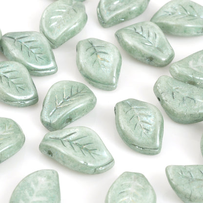 Czech Glass-9x14mm Horizontal Hole Leaf Bead-Chalk White Teal Luster-Czech-Quantity 2