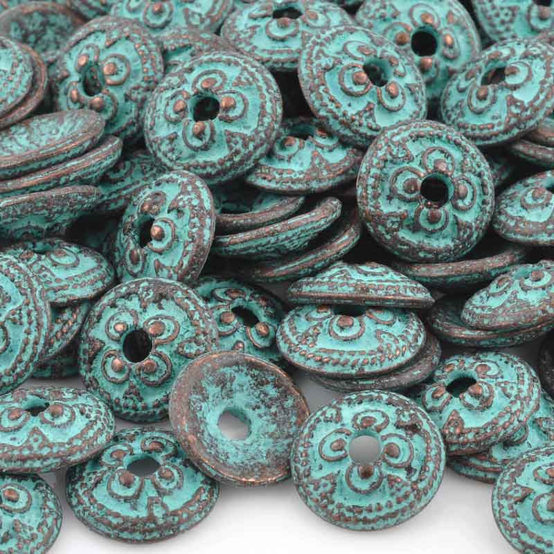 Findings-13mm Ornamental Bead Cap-Green Patina