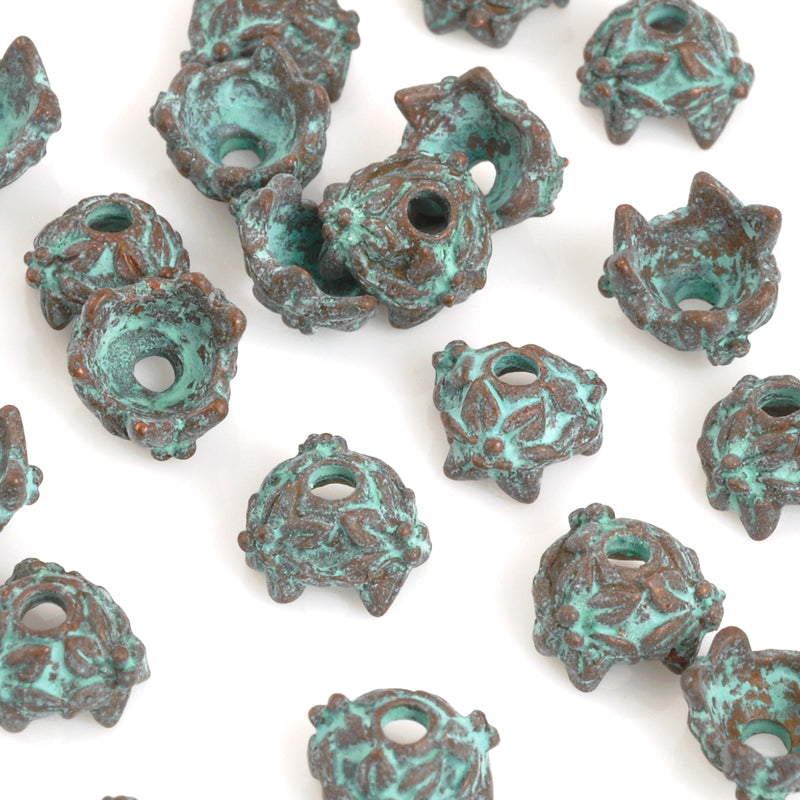 Findings-8mm Tiny Flower Bead Cap-Green Patina-Quantity 2