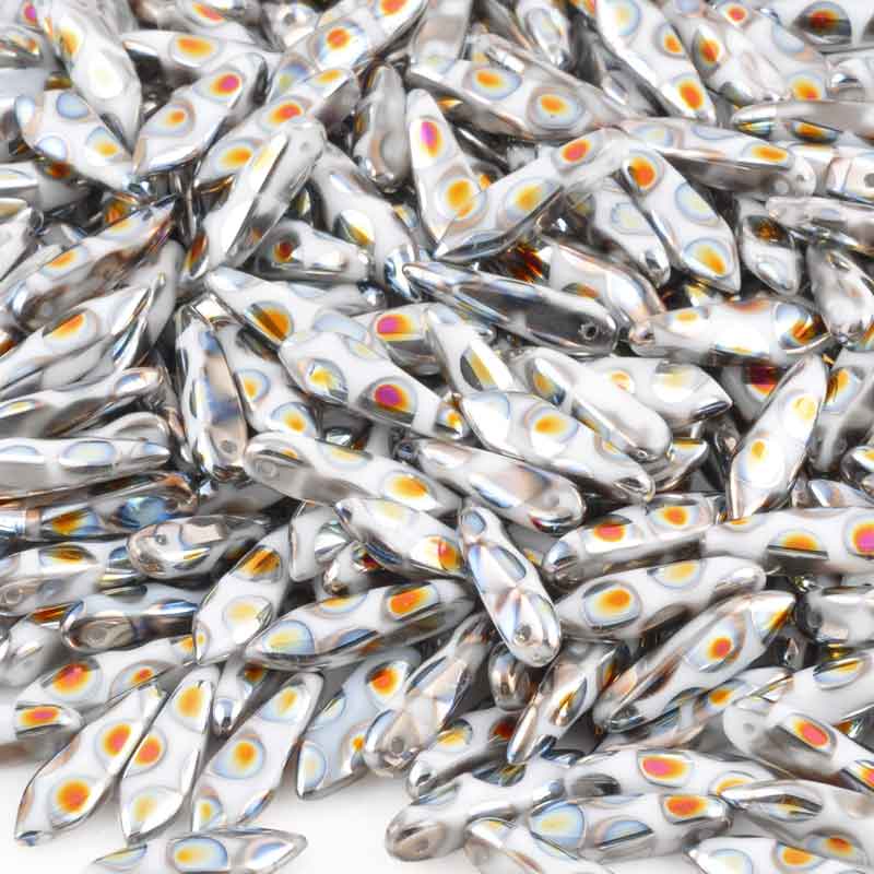 Czech Glass-5x16mm Dagger Bead-Chalk White Marea Dots-Czech-Quantity 20