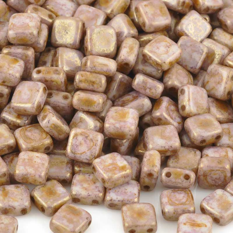 Czechmate 6mm Square Glass Czech Two Hole Tile Bead, Luster Rose/Gold