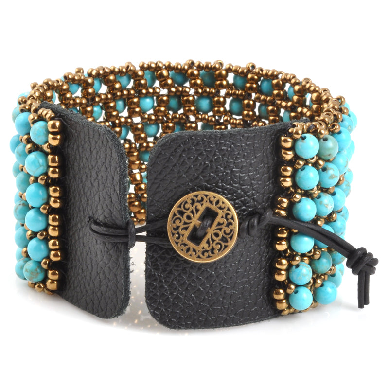African Turquoise & Picasso Seed Bead TRIPLE Leather Wrap Bracelet
