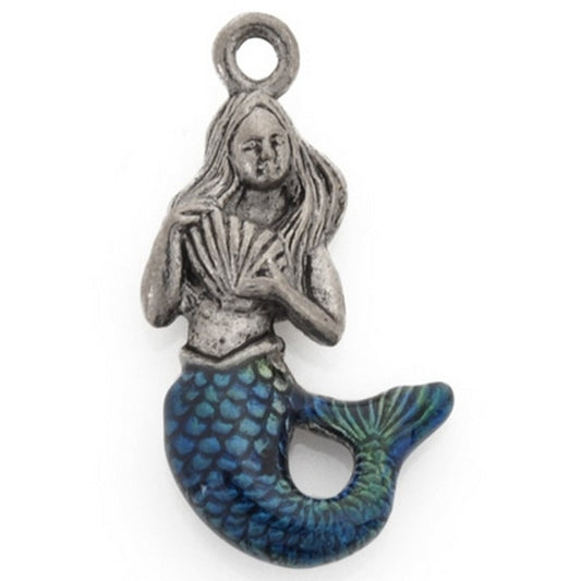 Pewter-13x22mm Blue/Green Hand Painted Mermaid Charm-Antique Silver