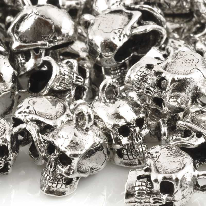 Pewter-17x8mm Pewter Skull Head Charm-3 Dimensional-Light Antique Sterling