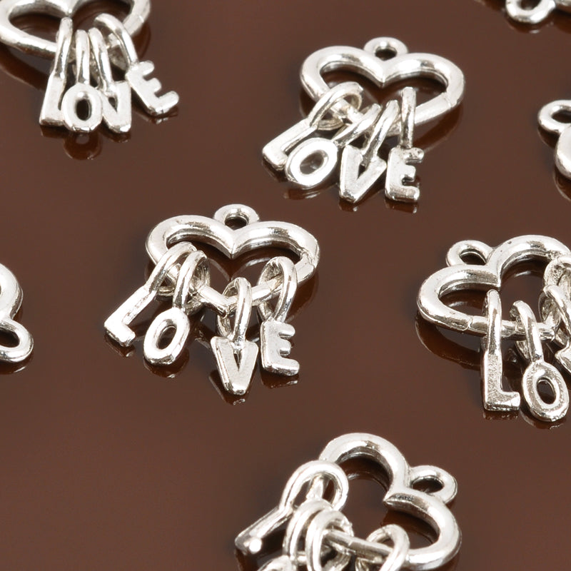 Pewter-19x15mm Pewter Heart Charm With Hanging Letters-L-O-V-E-Silver-Quantity 1