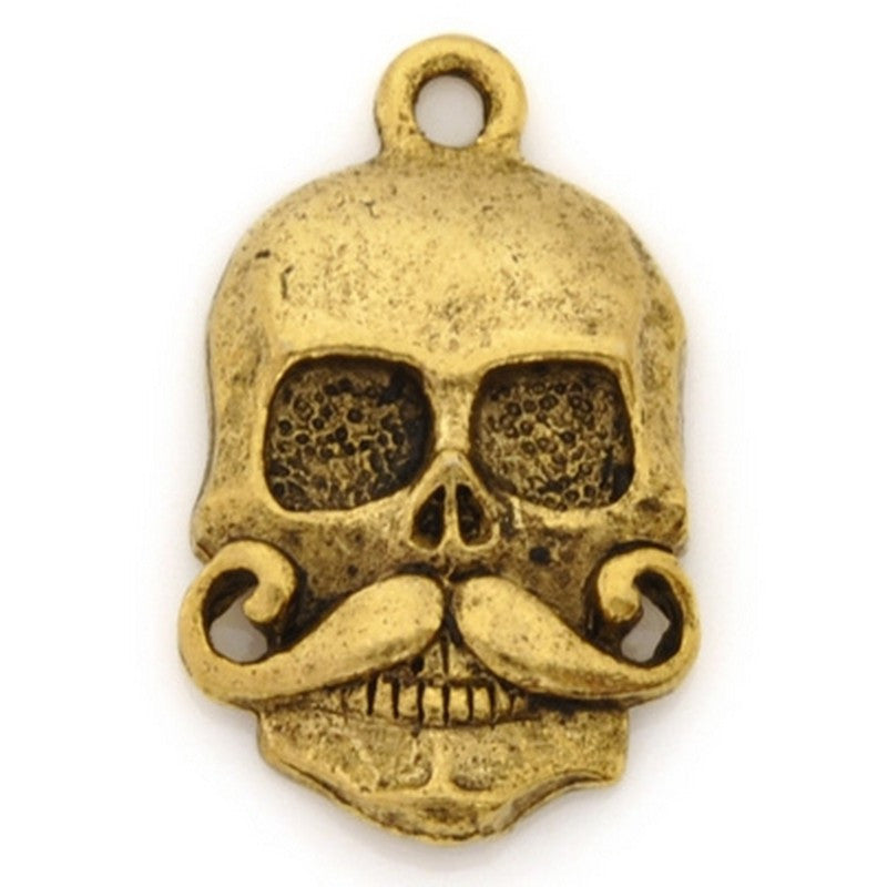 Pewter-21x15mm Skull With Mustache Pendant-Antique Gold-Quantity 1