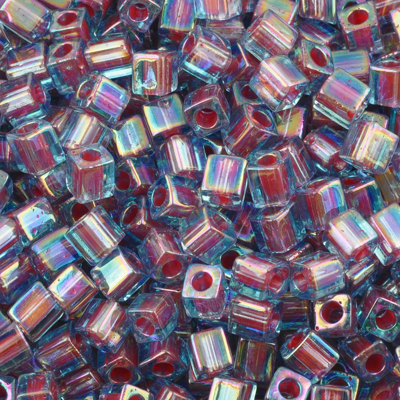 Seed Beads-4mm Cube-340 Hot Pink Lined Aqua AB-Miyuki-7 Grams