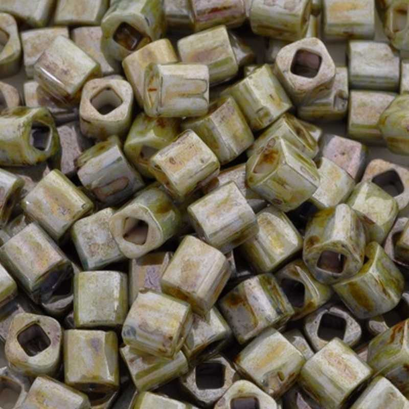 Seed Beads-4mm Cube-Y182 Hybrid Opaque Luster Transparent Green-Toho-15 Grams